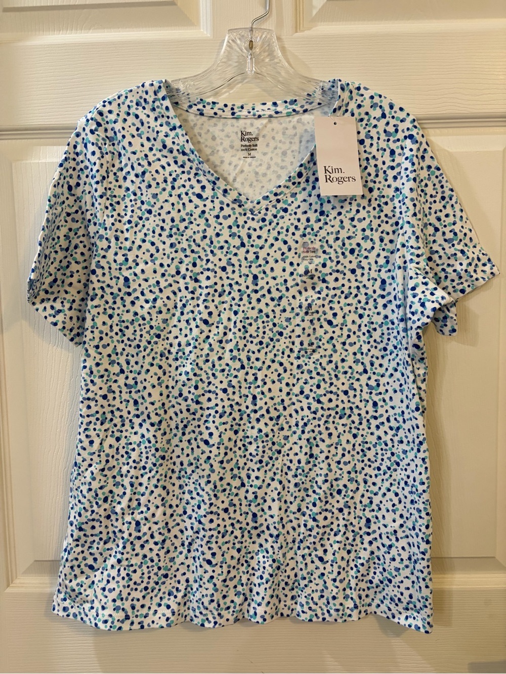 Kim Rogers White V-Neck Tee with Blue Polka Dot Print NWT